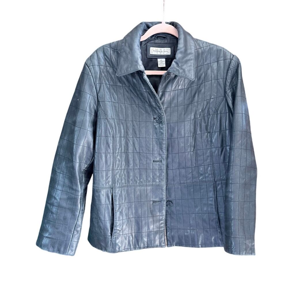 Vintage Preston & York black quilted leather jacket fitted missing button large